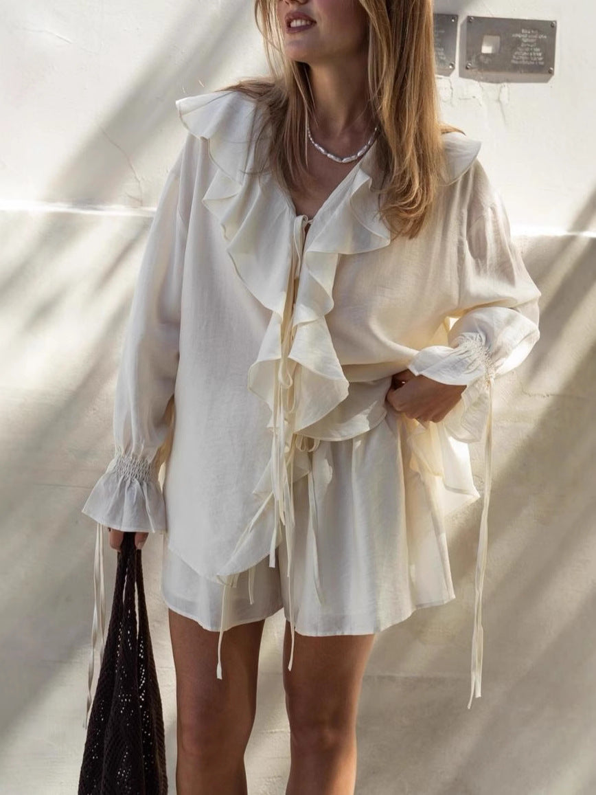 Ruffle Tie Shorts Set with Pockets