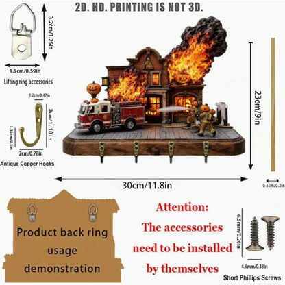 Detailed product dimensions and features of a Halloween-themed model with fire truck and figures, including text about 2D printing not being 3D.