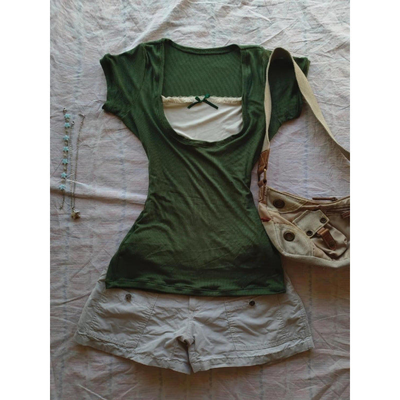 Women's Vintage Green Lace Bow Short Sleeve Top
