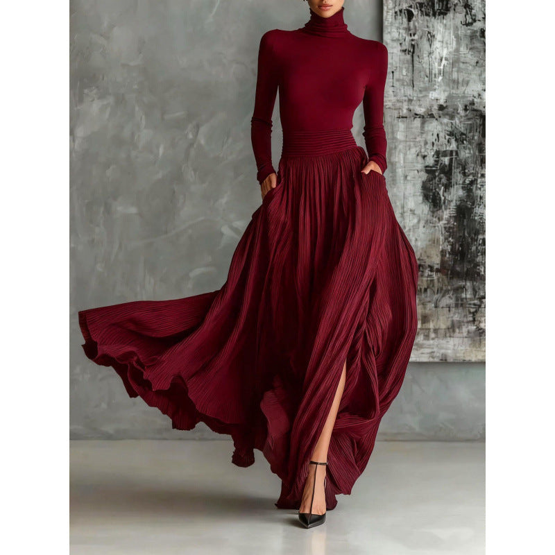 Women's French Retro Slim Midi Dress – Pleated Long Sleeve Elegant Style