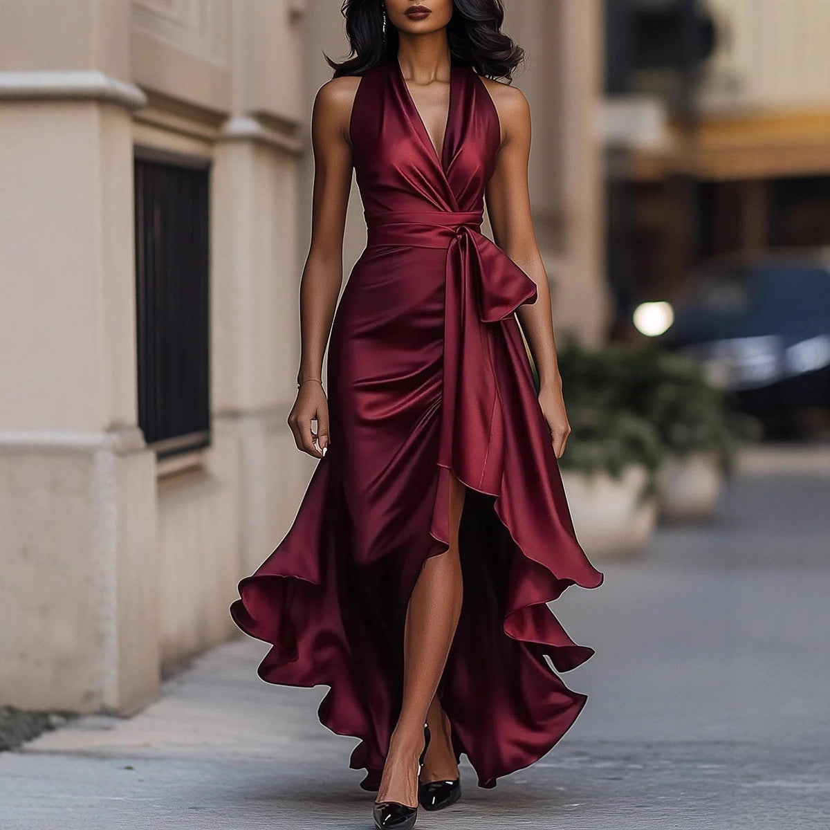 Women's Ruffled Satin Halter Dress – V-Neck Lace-Up Long Gown