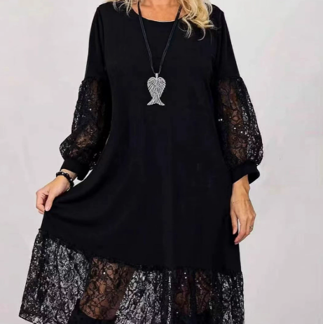 Black Lace A-Line Knit Dress - Long Sleeve Casual