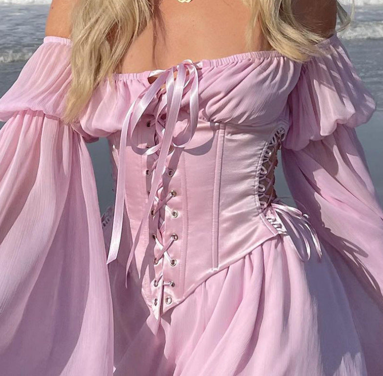 Women's Trumpet Sleeve Lace-Up Waist Dress – Sweet Flared Sleeve Style
