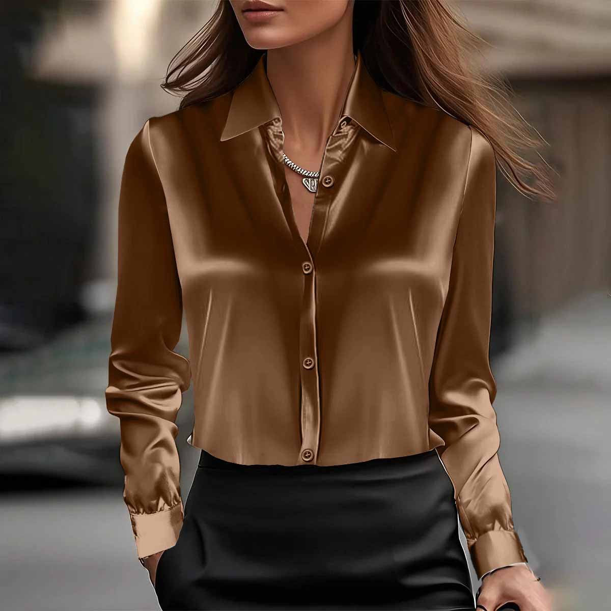Women's Long Sleeve Satin Blouse | Swing Collar