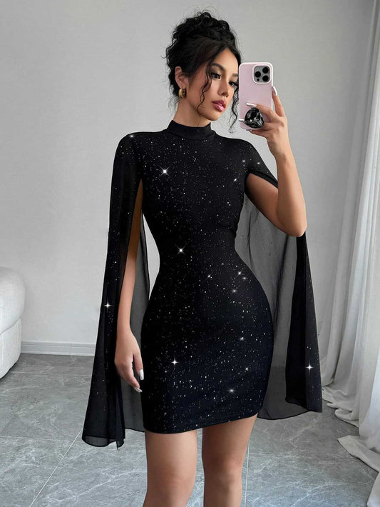 Shiny Bodycon Dress - Lantern Sleeves High Collar