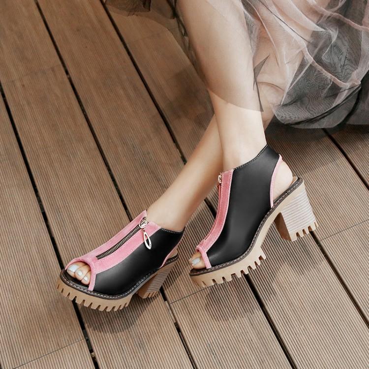 Women's Hollow Fish Mouth Sandals – Thick Heel Lambswool Roman Style