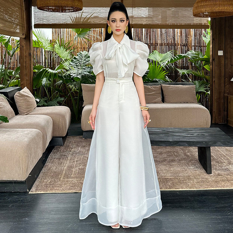 Women's Two-Piece Set - High-Waisted Wide Leg Pants & Button Top - gallify.store