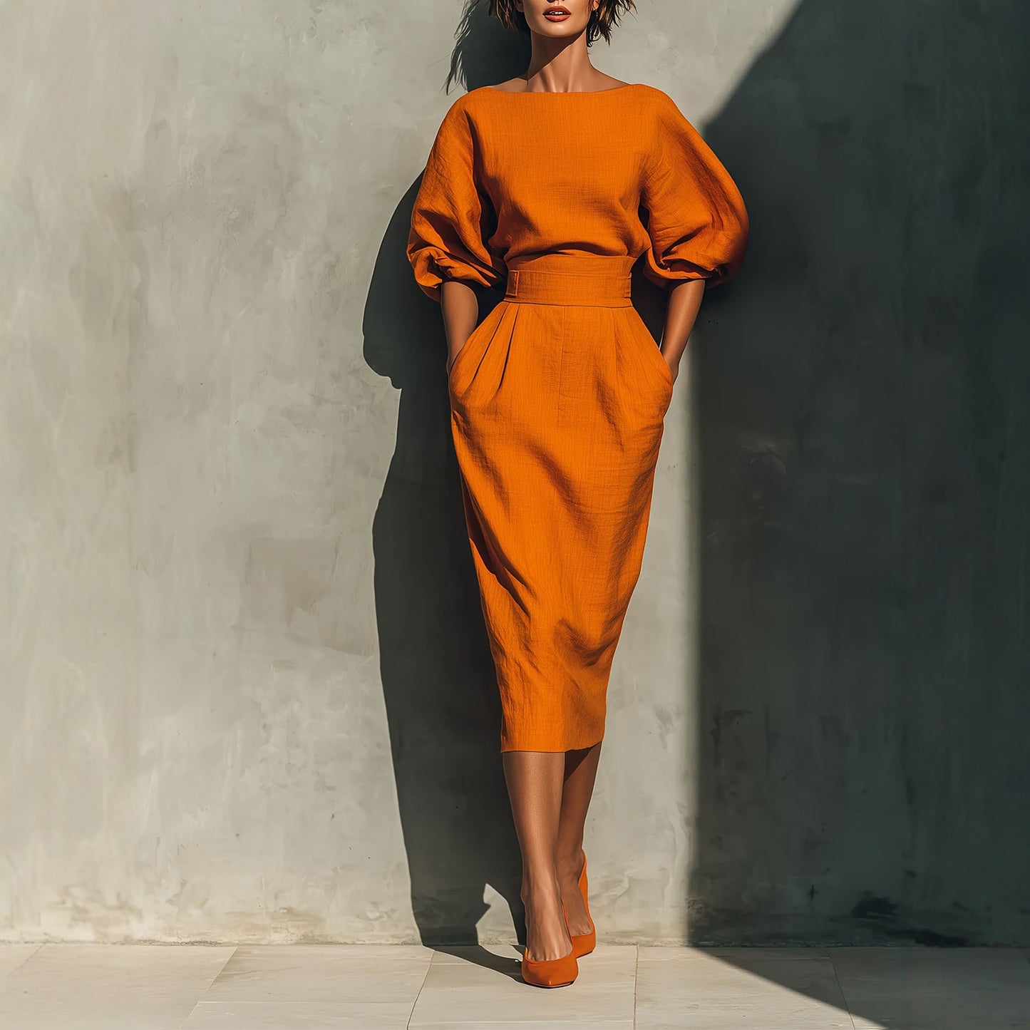 Women's Boat Neck Puff Sleeve Dress | High Waist A-Line