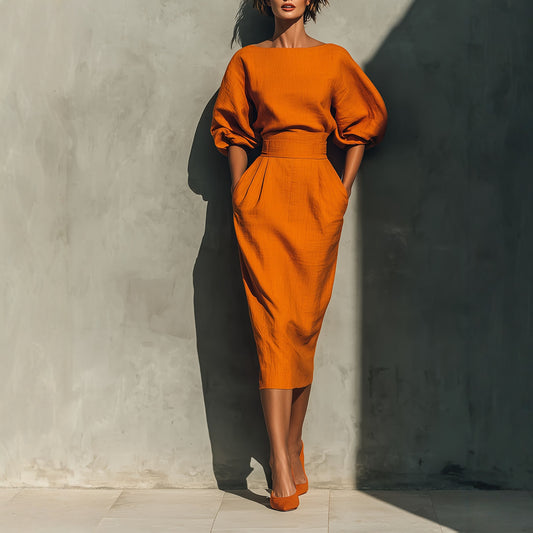 Women's Elegant Boat Neck Puff Sleeve Dress