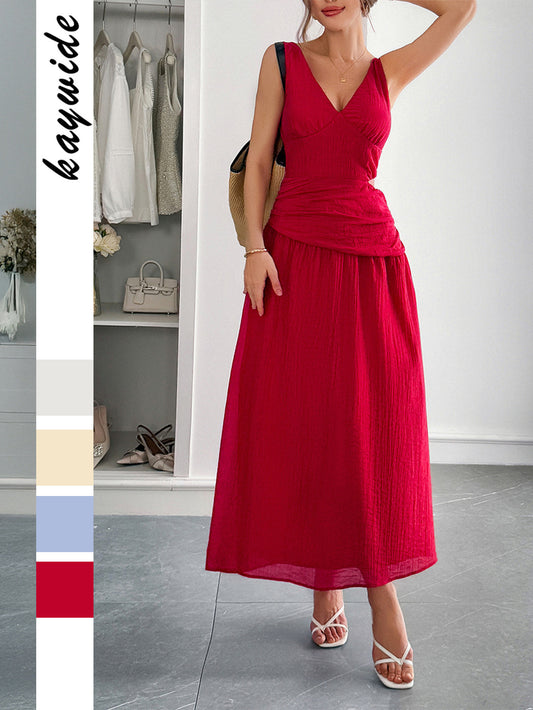 Deep V-Neck A-Line Maxi Dress - gallify.store