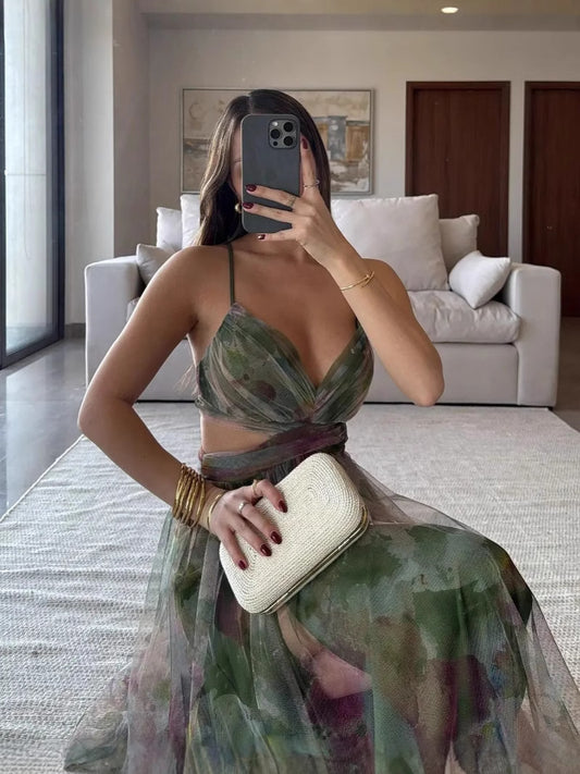 Women's Printed Mesh Dress | Elegant V-Neck Long Dress for Vacation - gallify.store