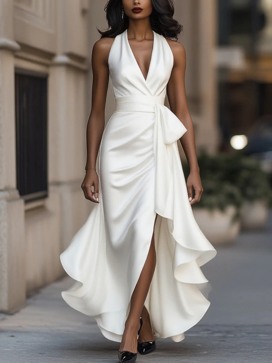 Women's Ruffled Satin Halter Dress – V-Neck Lace-Up Long Gown