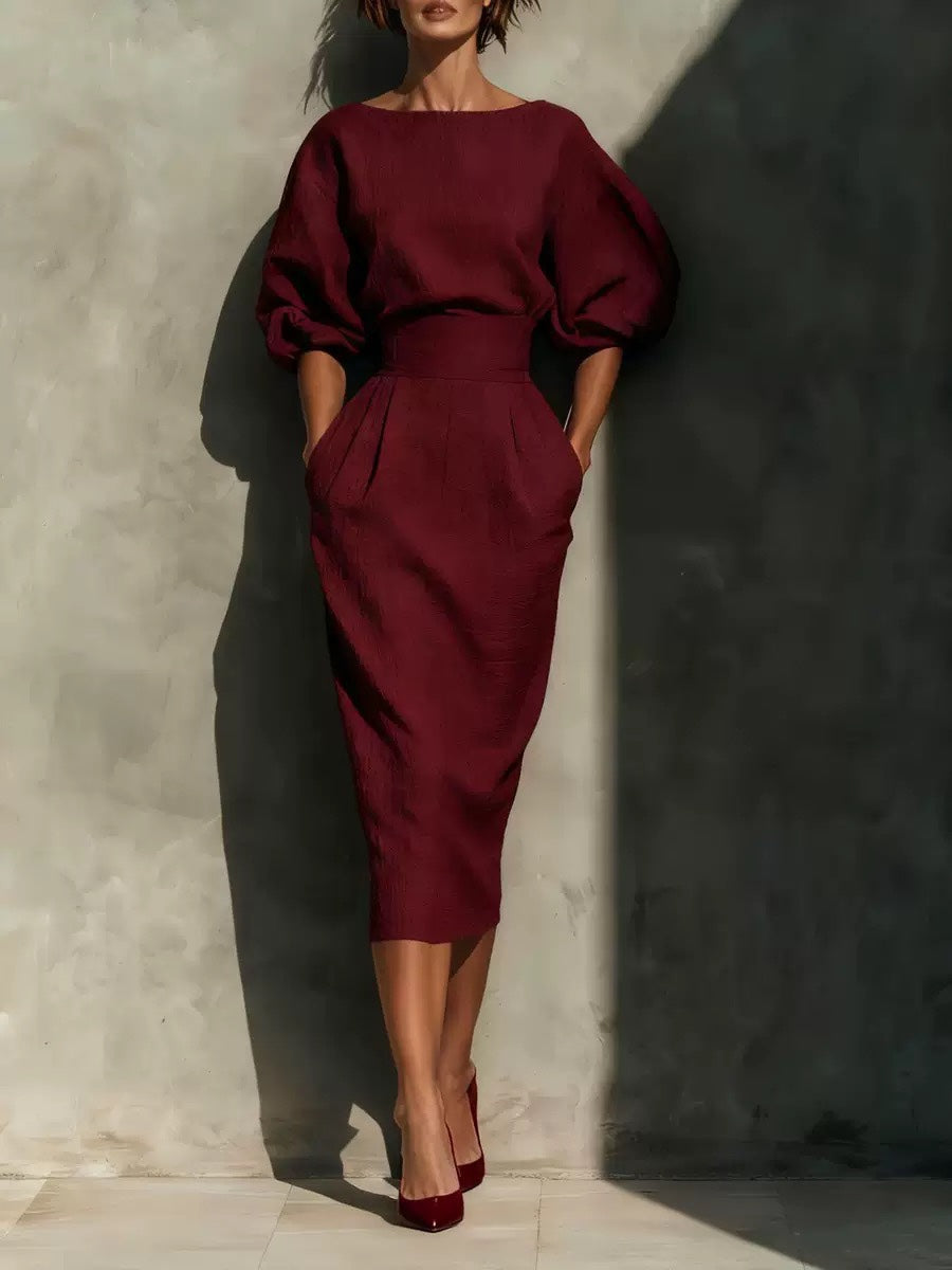 Women's Boat Neck Puff Sleeve Dress | High Waist A-Line