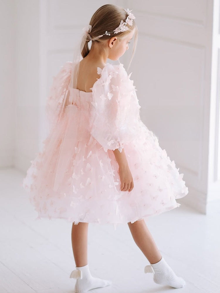 Girls Pink Princess Dress | Butterfly Puff Sleeve Tulle Dress - gallify.store