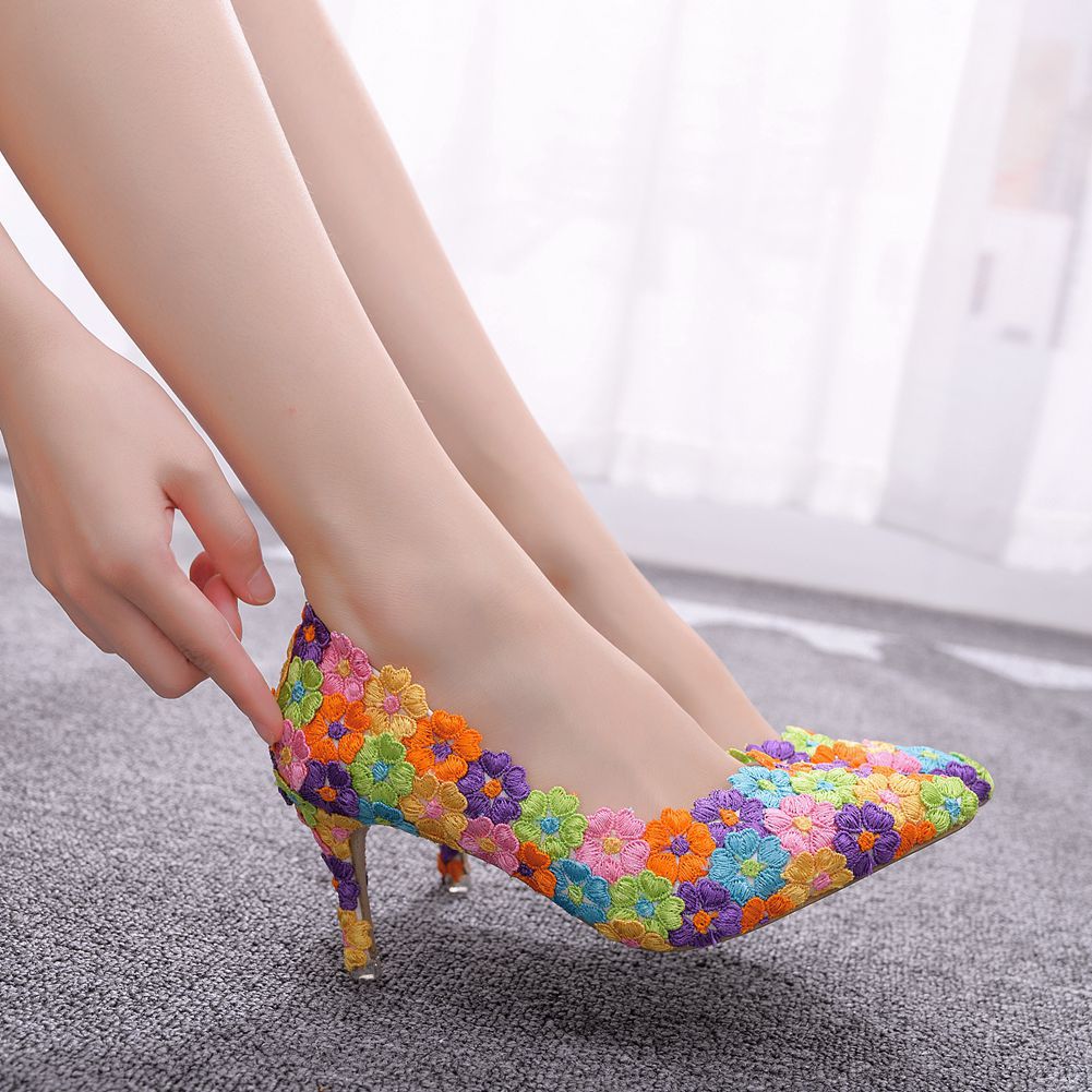 Women's Rainbow Lace Mid-Heel Sandals – Pointed Toe Party Shoes