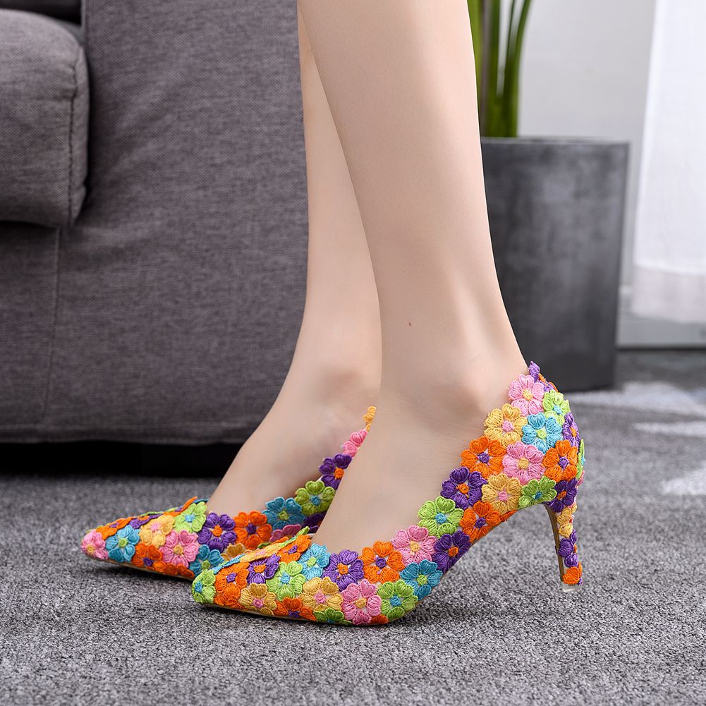 Women's Rainbow Lace Mid-Heel Sandals – Pointed Toe Party Shoes