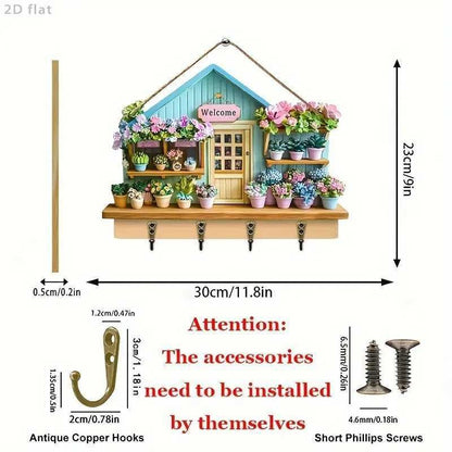 Decorative wall hanging with plants and measurements on a white background
