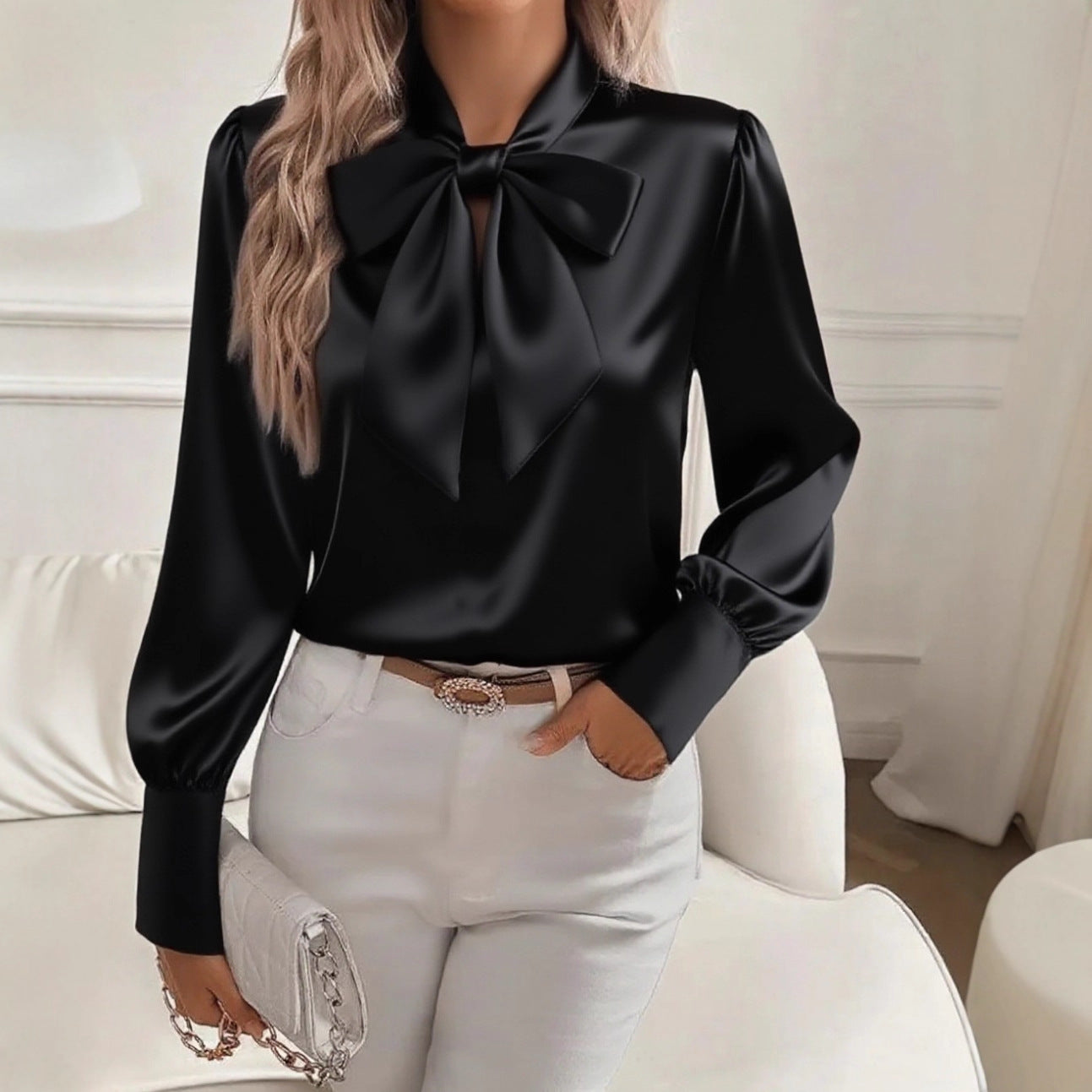 Women's Satin Bow Blouse | Long Sleeve | 8 Colours