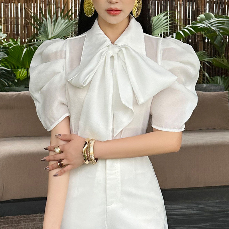 Women's Two-Piece Set - High-Waisted Wide Leg Pants & Button Top - gallify.store