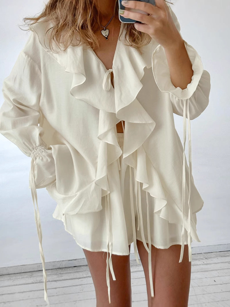 Ruffle Tie Shorts Set with Pockets