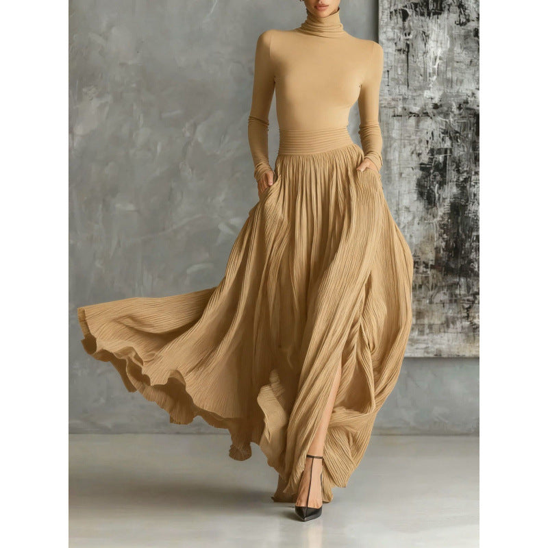 Women's French Retro Slim Midi Dress – Pleated Long Sleeve Elegant Style