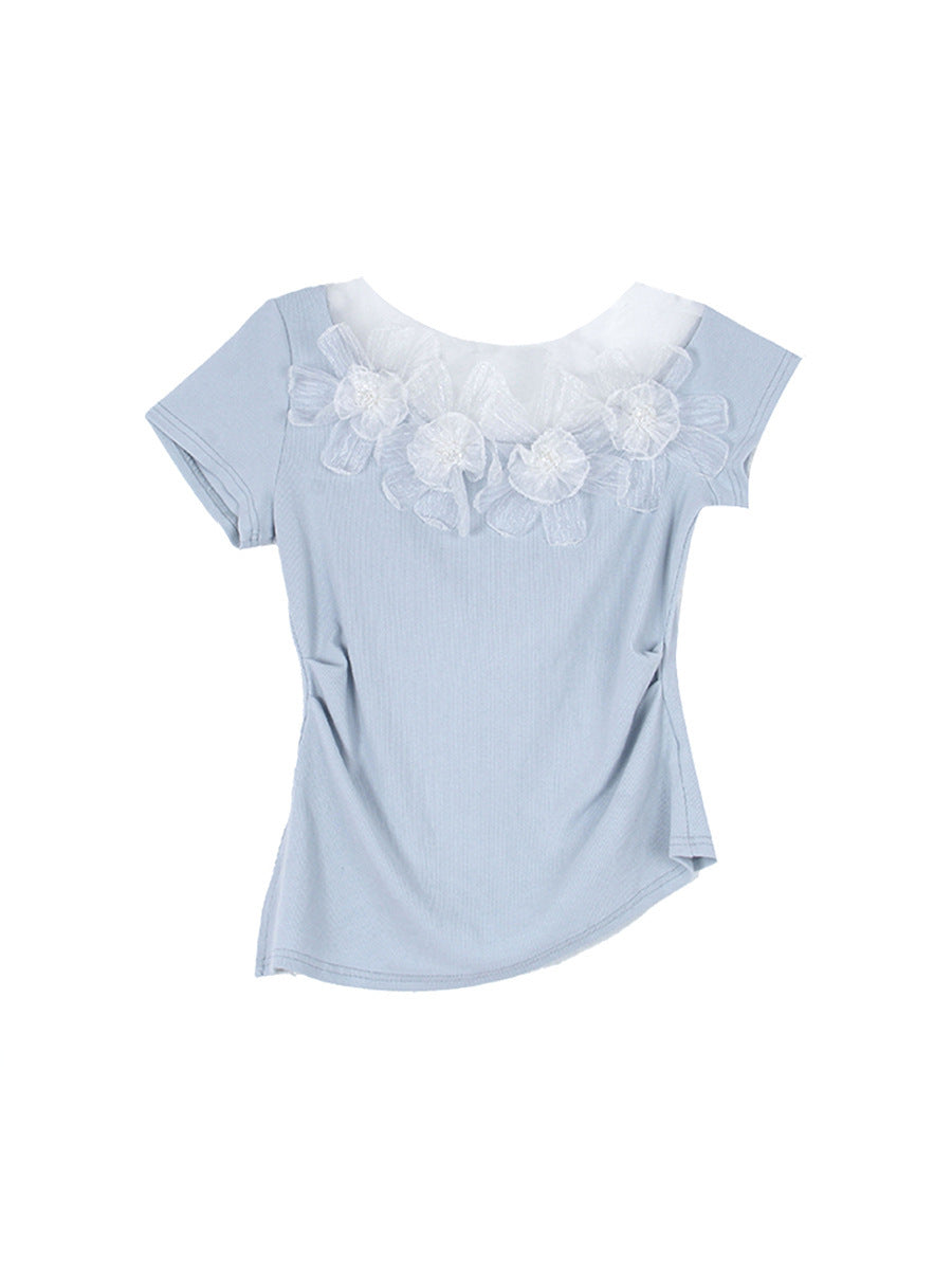 Floral Lace Trim One-Shoulder T-Shirt | Women's Summer Top