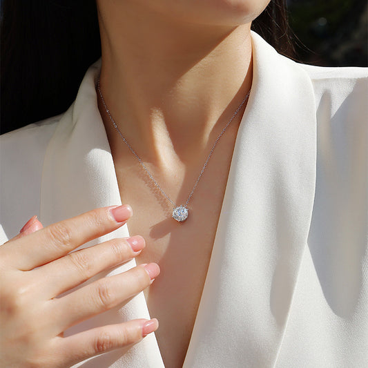 925 Sterling Silver Moissanite Necklace - Six Prong Pendant