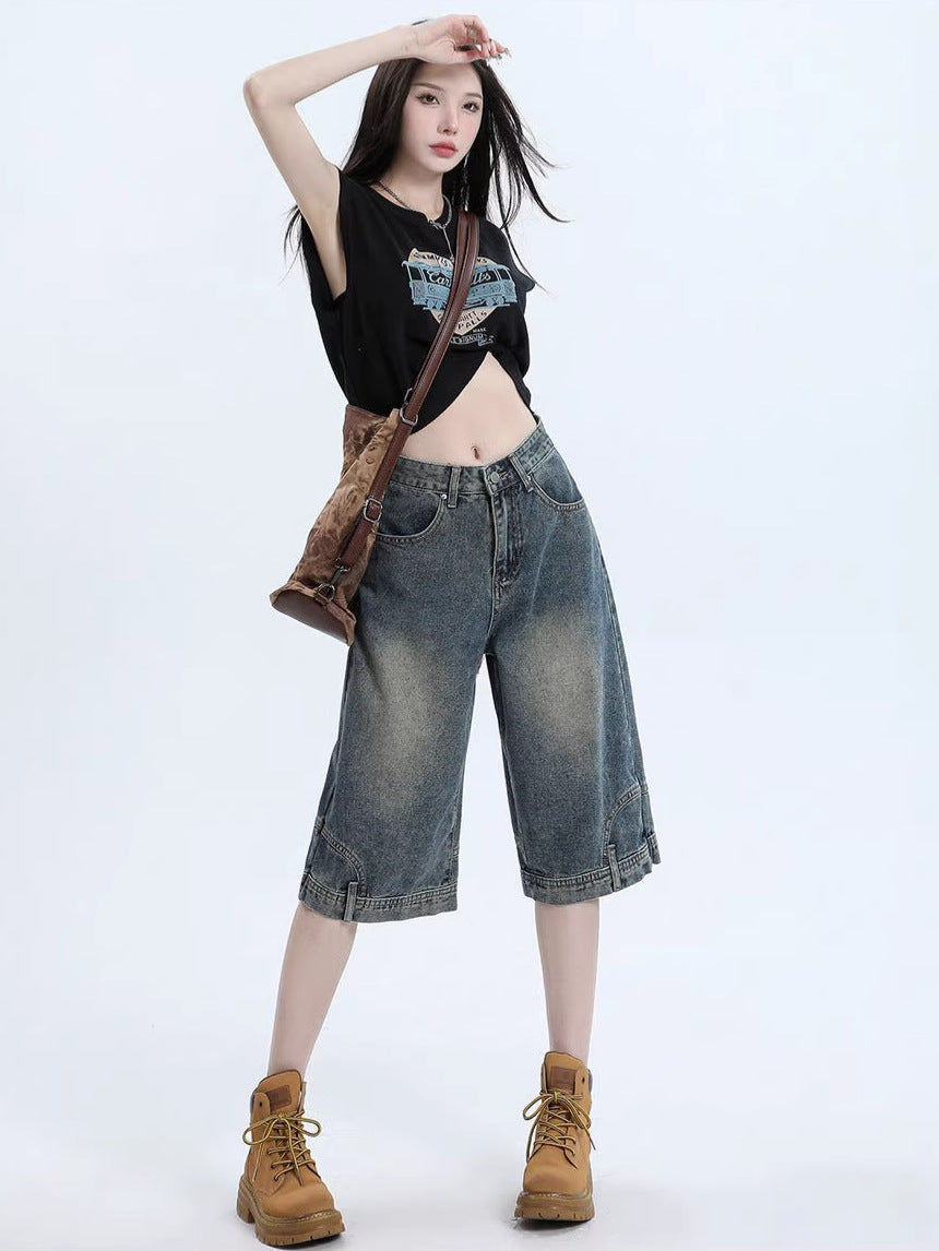Retro High Waist Denim Shorts | Wide Leg